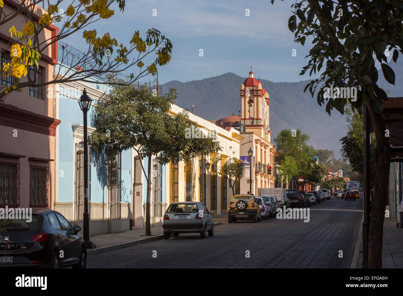 Oaxaca, Mexique - un matin tôt de cette rue. Nuestra Señora de las Nieves église catholique est sur la gauche. Banque D'Images