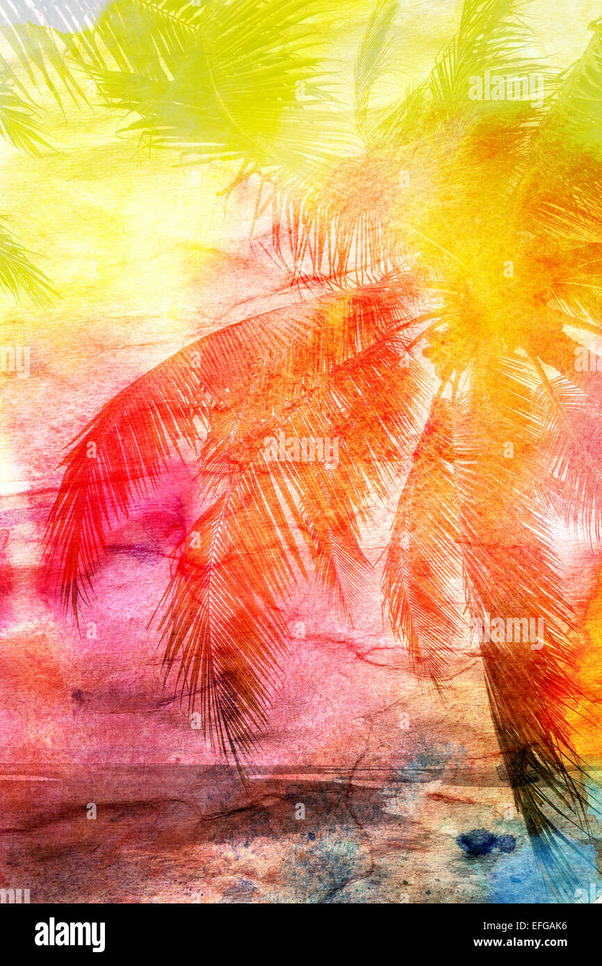 Aquarelle magnifique palm rétro sur la plage Banque D'Images