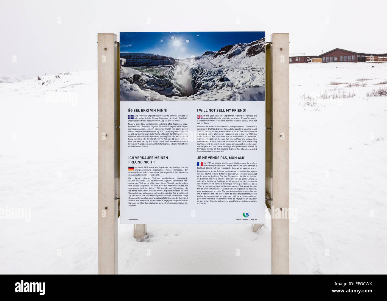 Inscrivez-vous expliquer l'histoire et de la légende de chutes de Gullfoss, l'une des attractions de touristes les plus populaires en Islande Banque D'Images