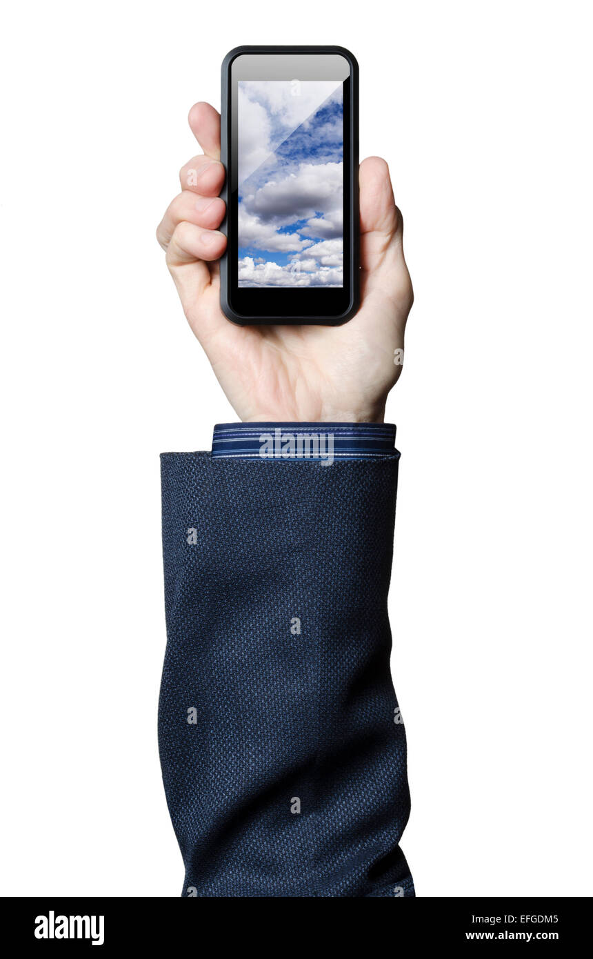 Hand holding smart phone avec des nuages sur l'écran Banque D'Images