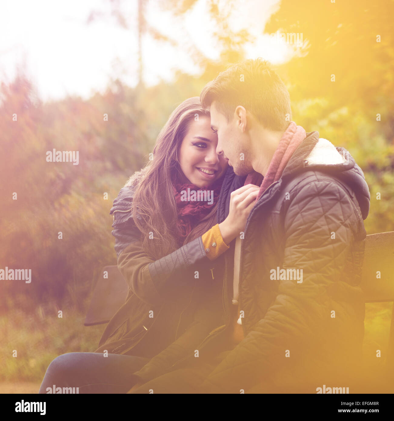 Couple d'autumn forest, assis sur un banc Banque D'Images
