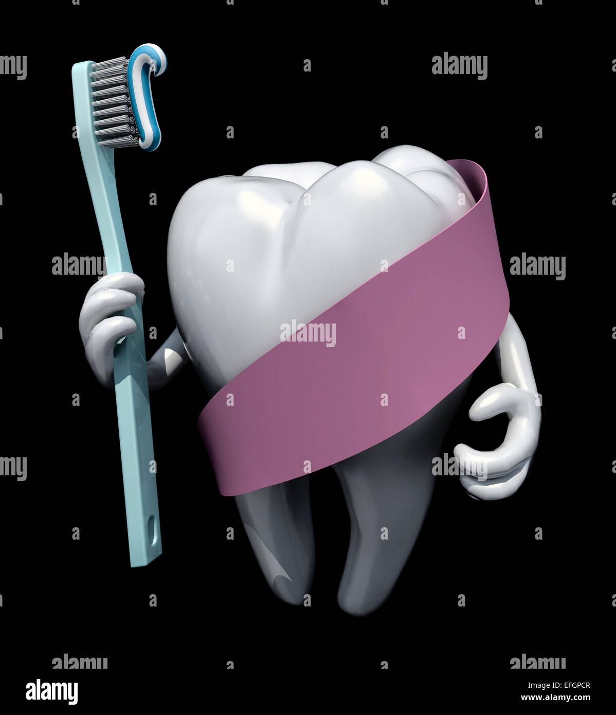 Une molaire en armes et brosse à dents en main, protégé par du ruban rose, isolated on black 3d illustration Banque D'Images