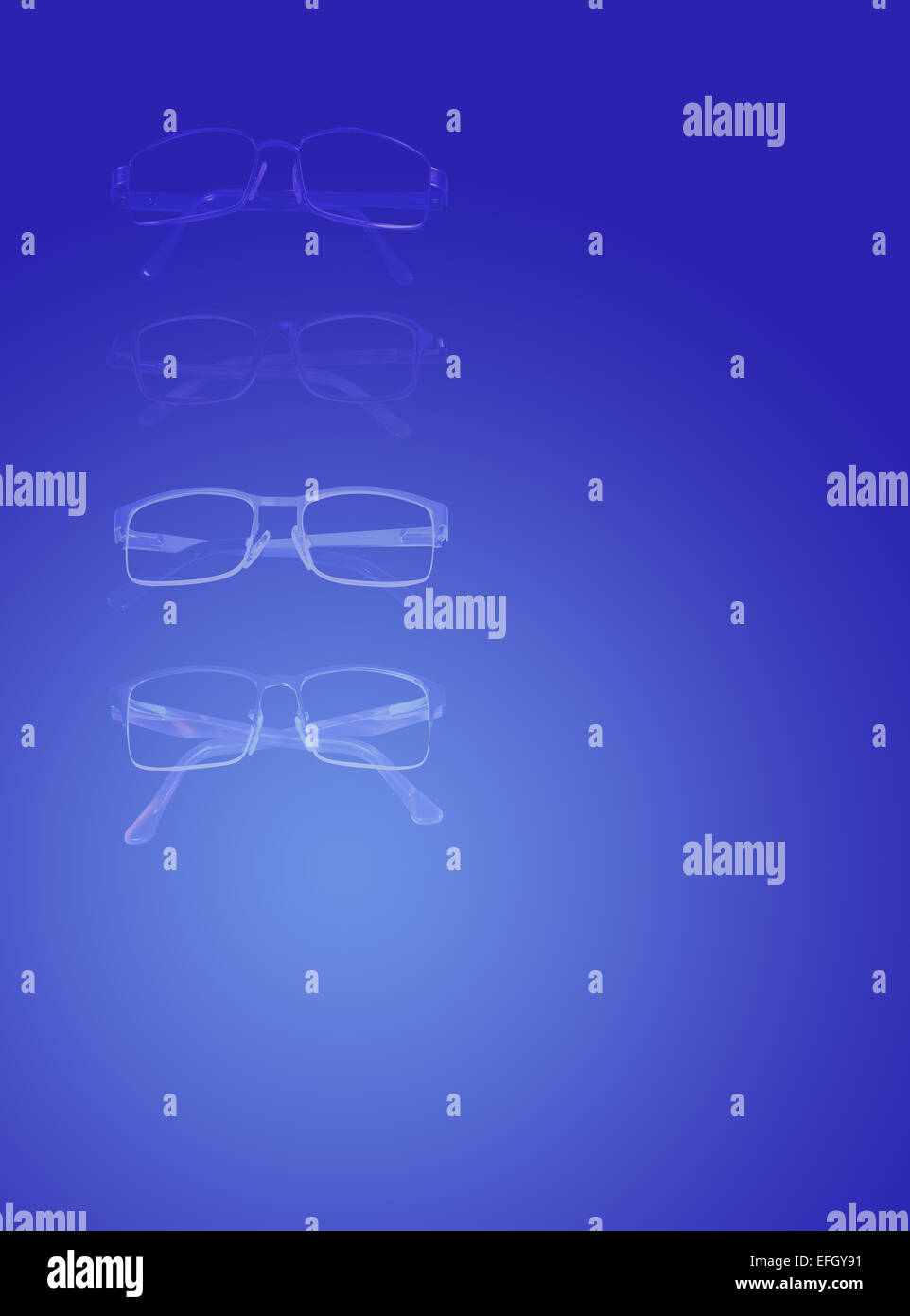 Quatre paires de lunettes en un fond bleu dégradé, conçu comme un arrière-plan pour des articles sur la vue,examens des yeux, des verres Banque D'Images