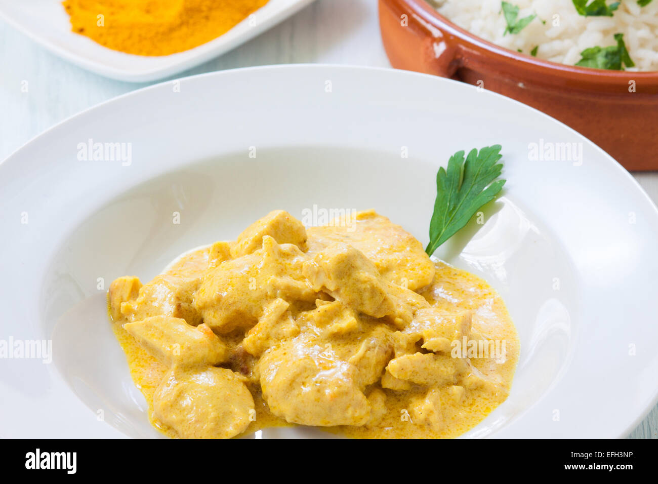 Curry de poulet au riz bouilli et épices Banque D'Images