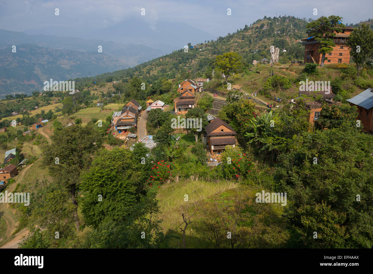 À la recherche sur le village de Nuwakot du haut du Palais Royal, Nuwakot, Népal Banque D'Images