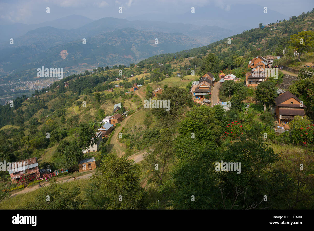 À la recherche sur le village de Nuwakot du haut du Palais Royal, Nuwakot, Népal Banque D'Images