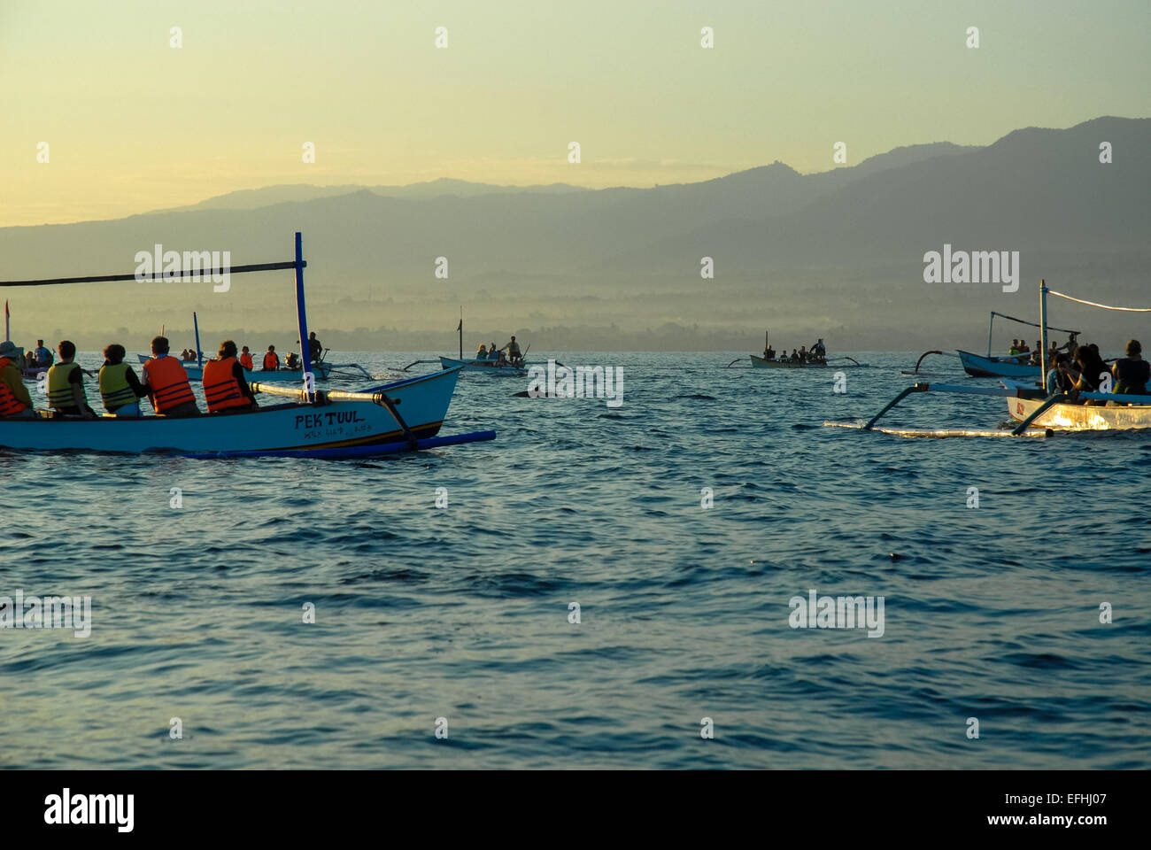 Les bateaux avec des touristes l'affichage les dauphins au bali indonesia Banque D'Images