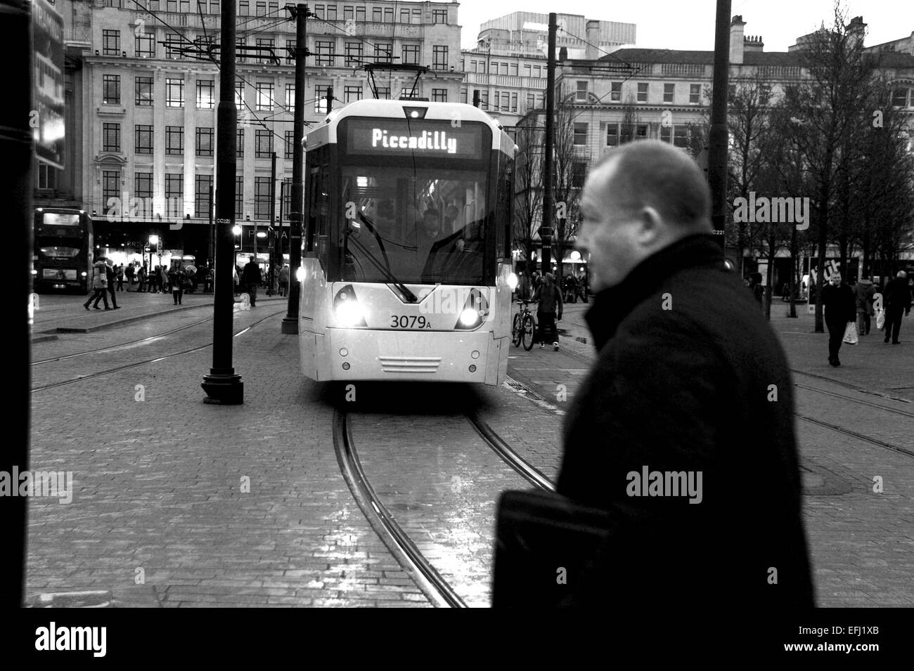 Manchester Lancashire UK - Man traverse la rue en face d'un tramway du centre-ville à Piccadilly Gardens Banque D'Images