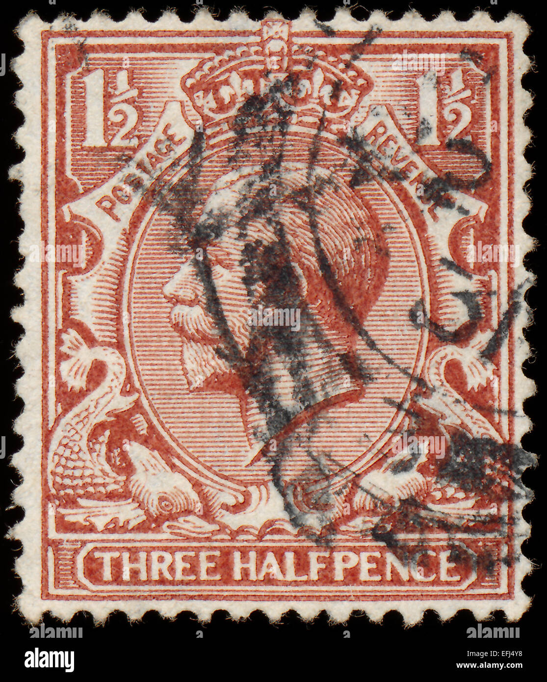 Royaume-uni - circa 1912 à 1924 : Un Halfpence français utilisé trois Timbre brun montrant Portrait du roi George V, cria Banque D'Images