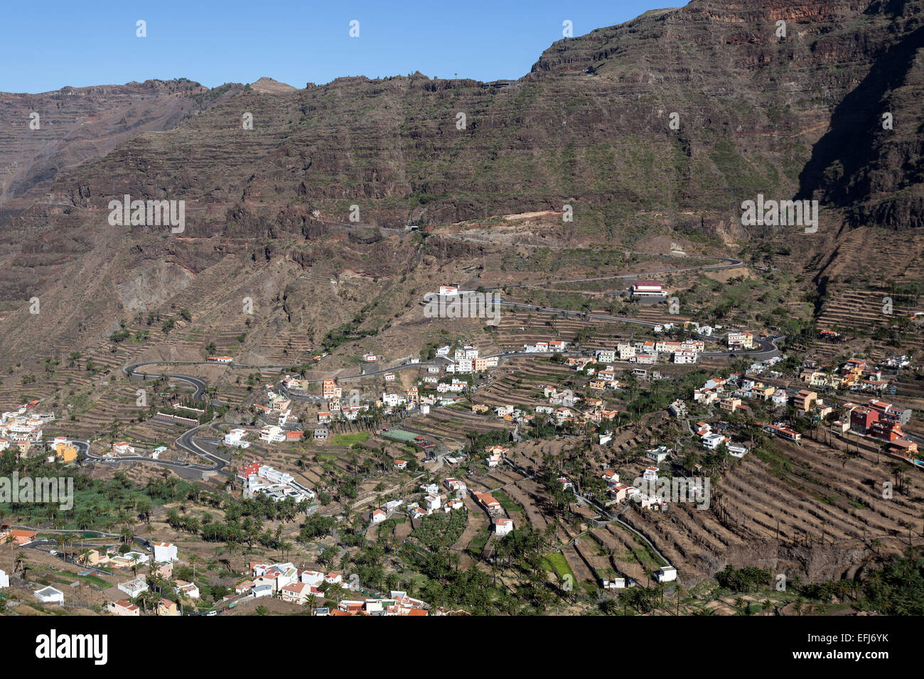 Vue sur les villages dans la haute Valle Gran Rey, Lomo del Balo et La Vizcaina, La Gomera, Canary Islands, Spain Banque D'Images