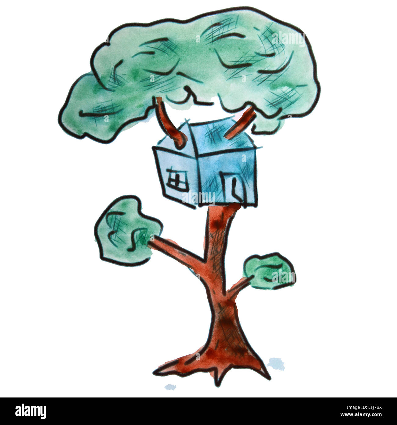 Maison de l'arbre à l'aquarelle personnage bleu, isolé sur fond blanc Banque D'Images