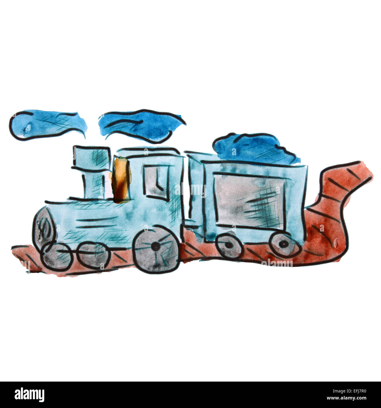 Blue train aquarelle, dessin animé isolé sur fond blanc Banque D'Images