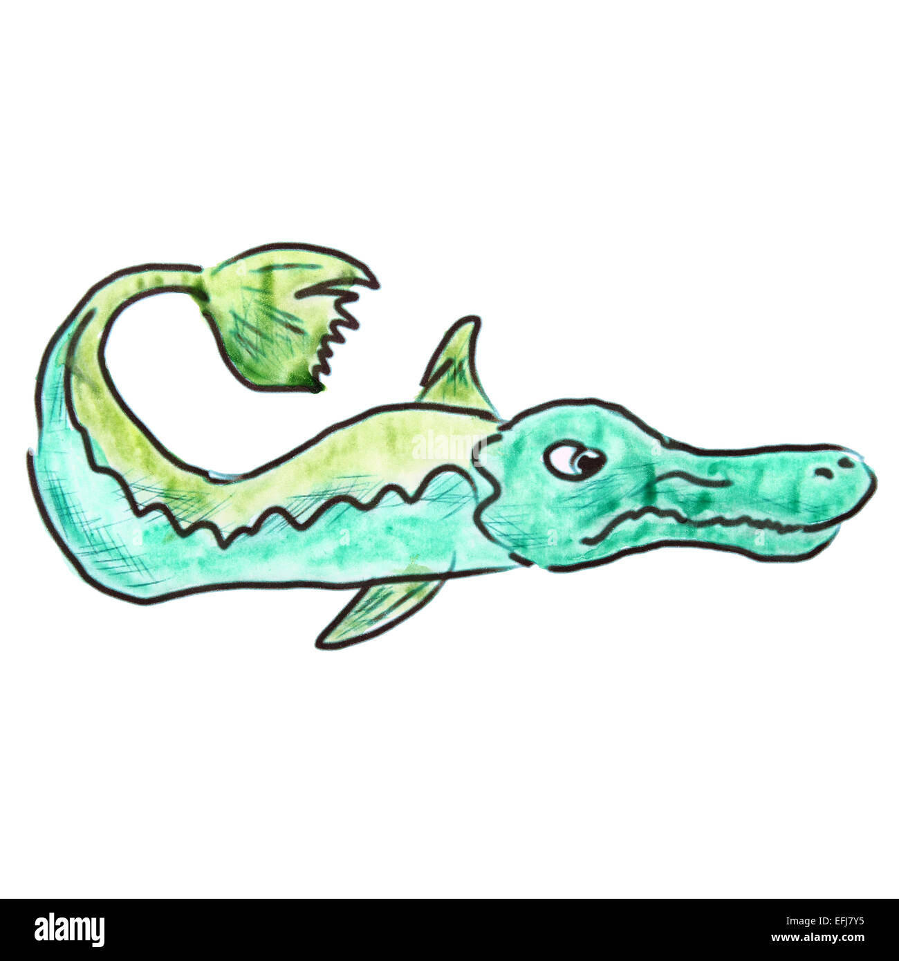 Poisson aquarelle personnage vert clair, isolé sur fond blanc Banque D'Images