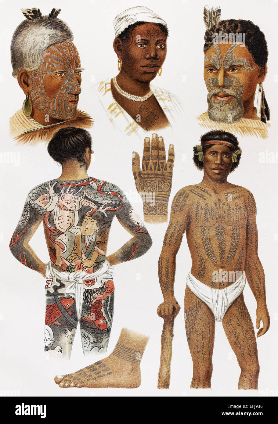 Vintage 19e siècle vieux tatouages ornement indigènes à travers le monde Banque D'Images