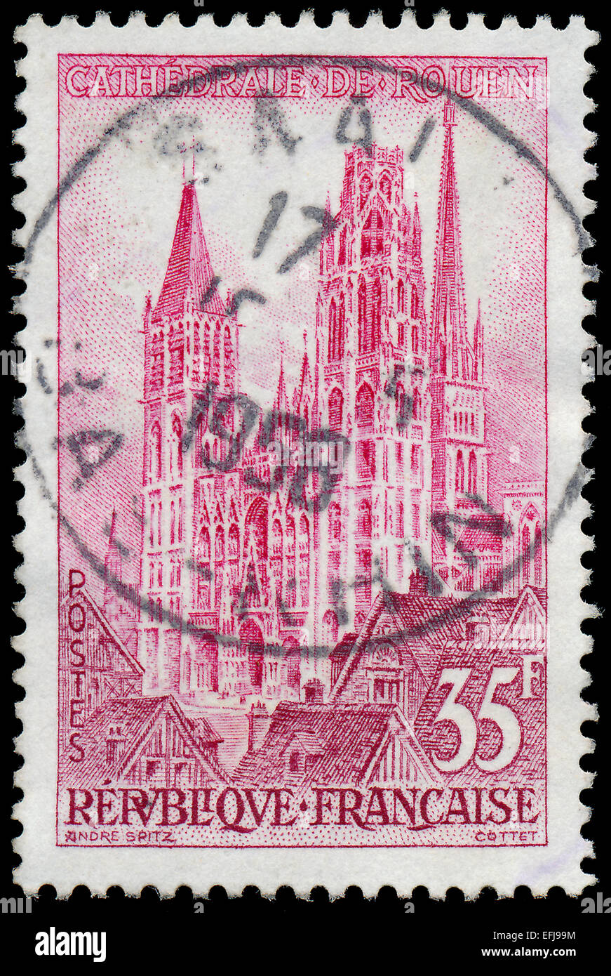 FRANCE - VERS 1957 : un timbre imprimé en France, montre la cathédrale de Rouen, vers 1957 Banque D'Images