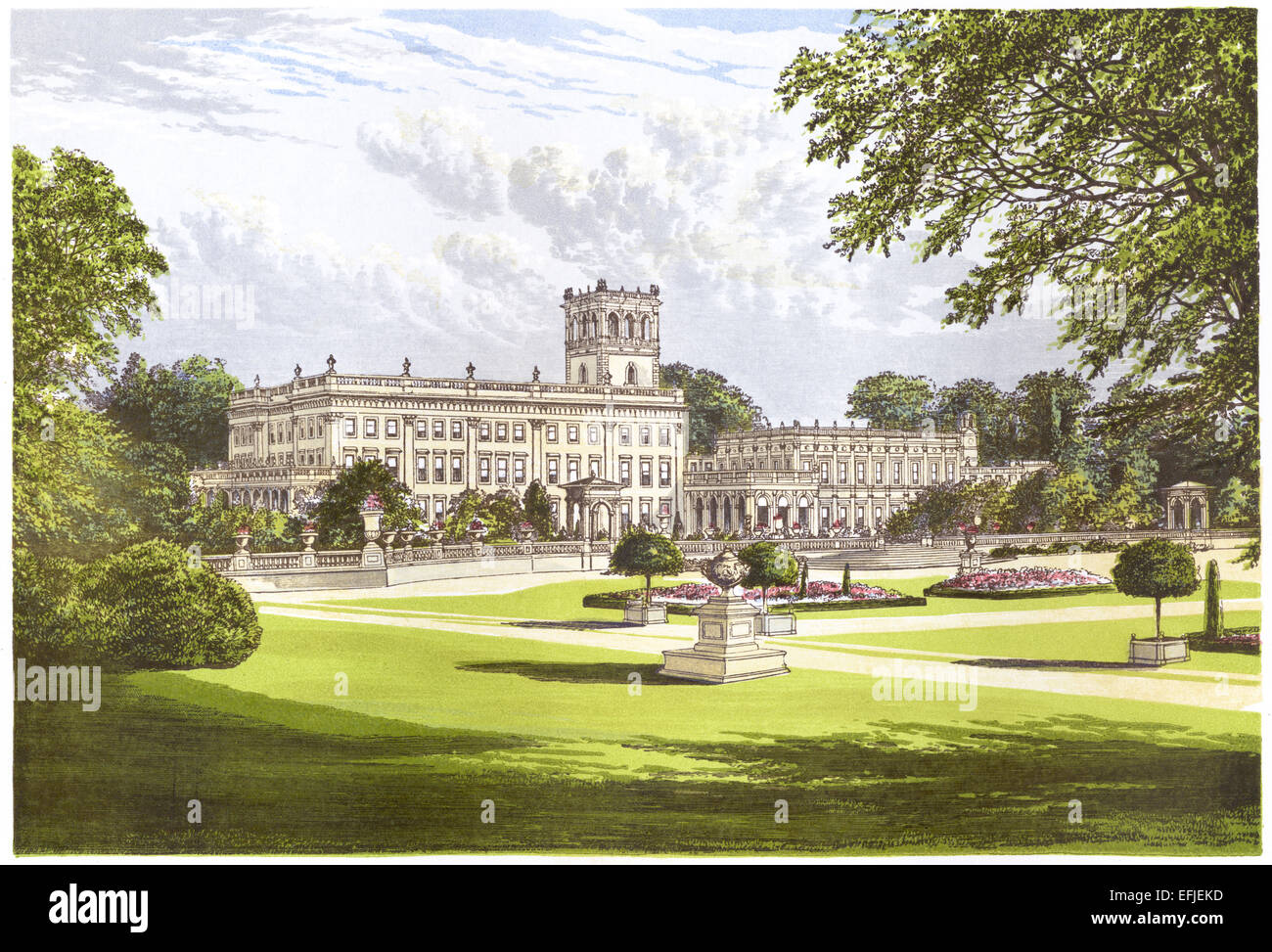 Une illustration en couleur de Trentham Hall, Swynnerton, (près de Stoke on Trent) Staffordshire scanné à haute résolution à partir d'un livre imprimé en 1870. Banque D'Images