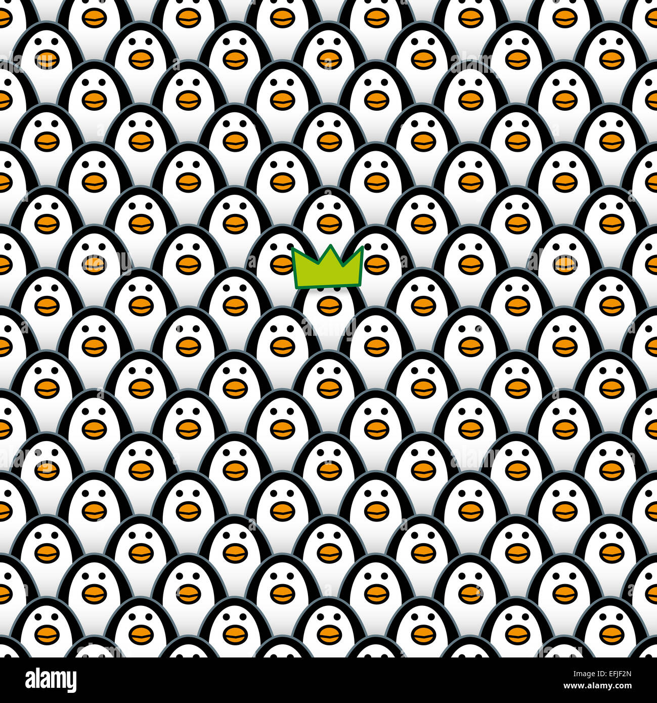 Un seul Penguin portant un chapeau vert entre les rangées de répéter de façon identique et l'avant fixant les Pingouins Banque D'Images