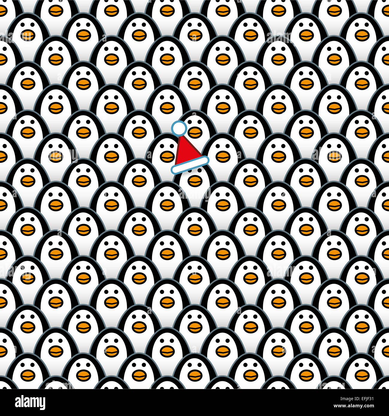 Un seul Penguin portant un chapeau de Père Noël dans les rangées de l'avant et répéter à l'identique fixant les Pingouins Banque D'Images