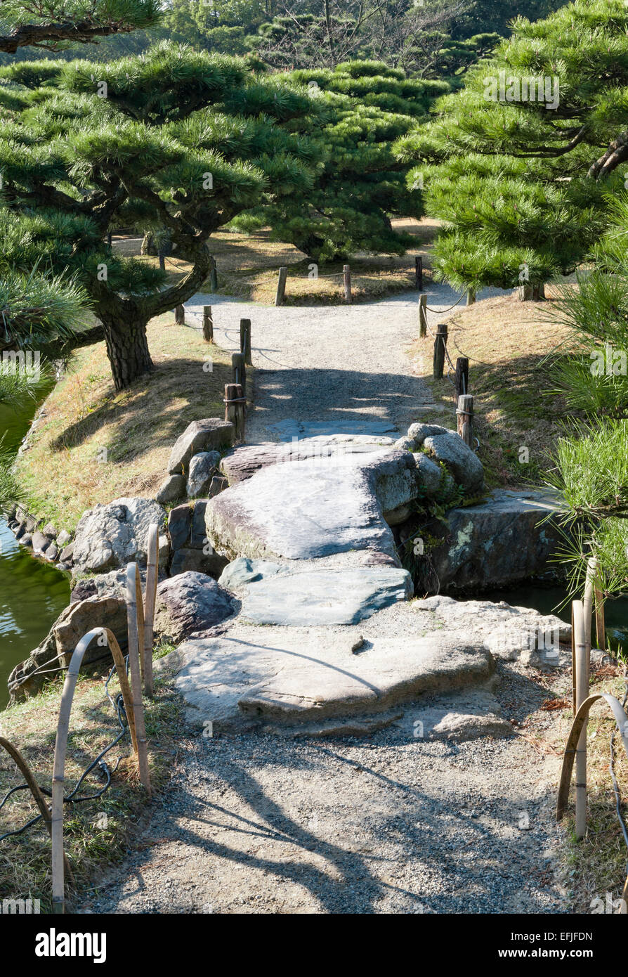 Jardin Ritsurin-koen, Takamatsu, Japon. Un pont de pierre entre les arbres de pin noir taillée à la forme matsu-byobu Banque D'Images