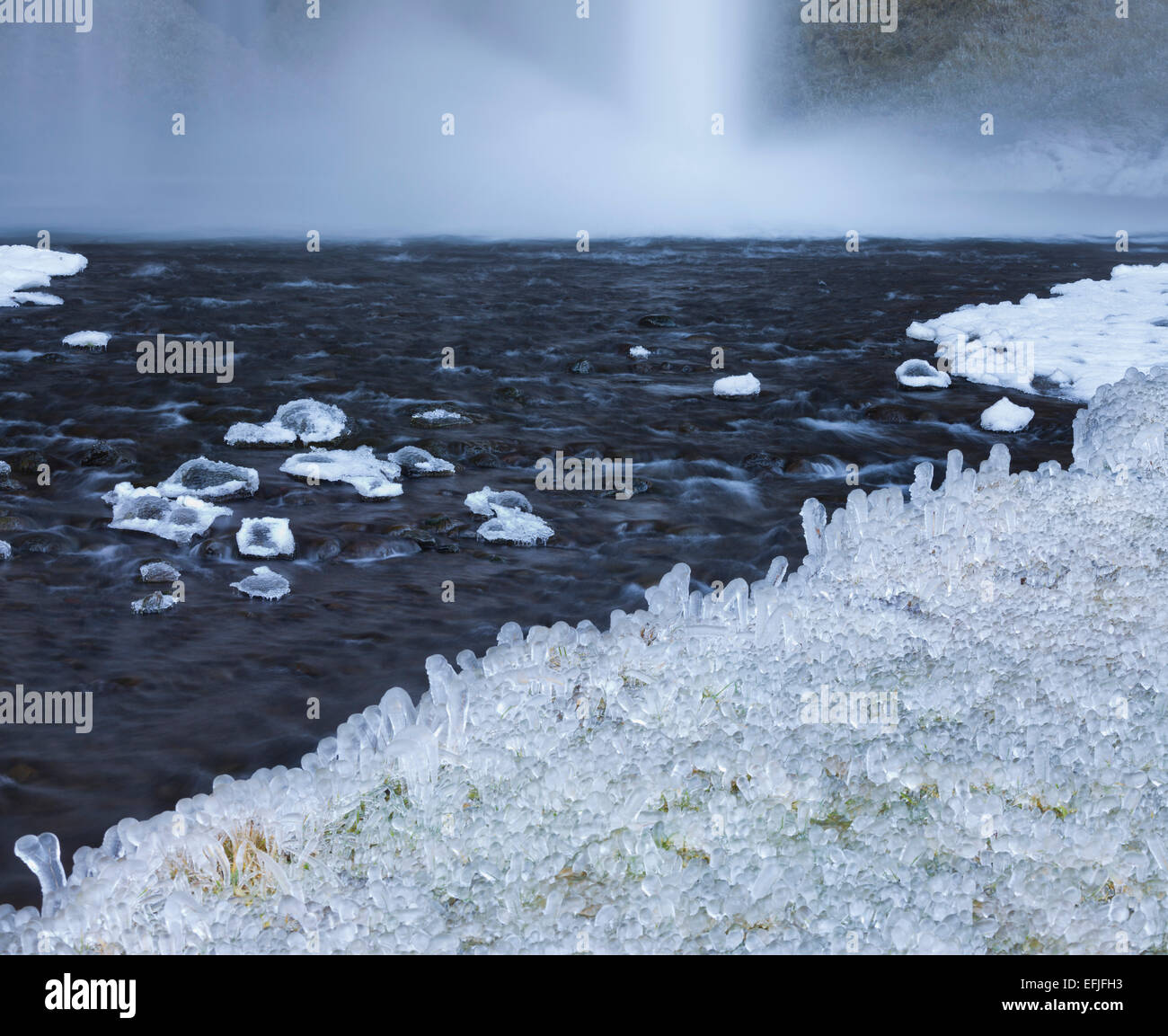 Le gel et la glace à la cascade de Seljalandsfoss, Sud de l'Islande, Islande Banque D'Images