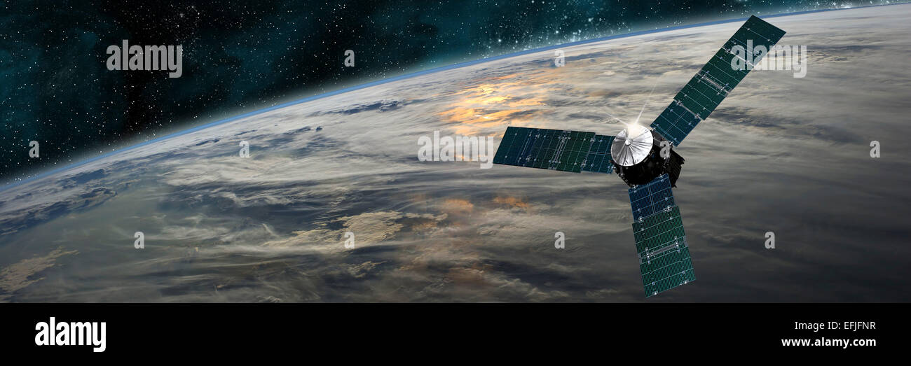 Une sonde spatiale mène une belle planète couverte de nuages dans l'espace. Plus de nuages tourbillonner la surface de la planète et à i Banque D'Images