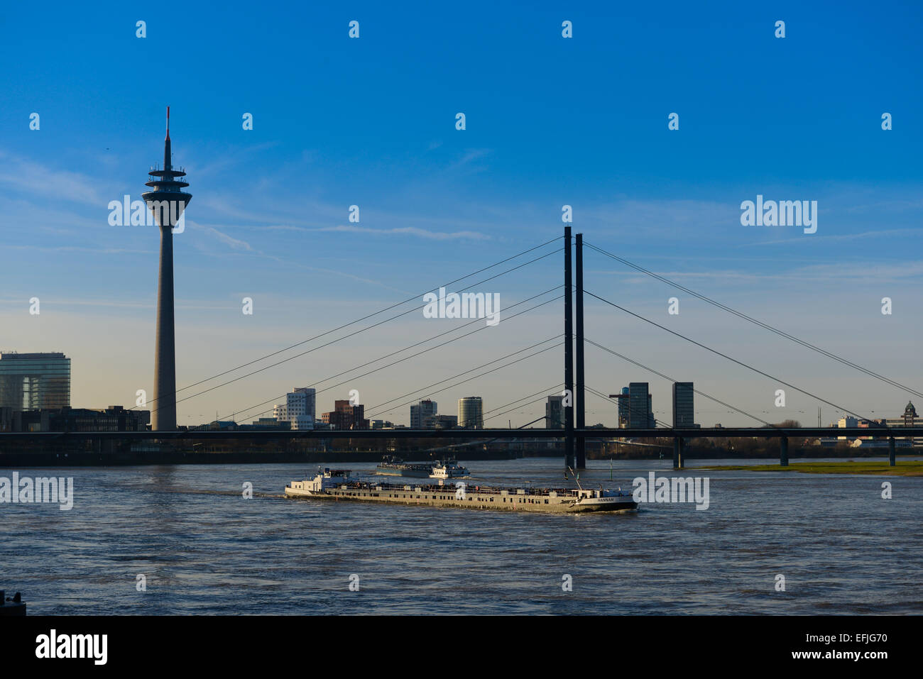 Péniche sur le Rhin sous le pont, Düsseldorf, Allemagne Banque D'Images