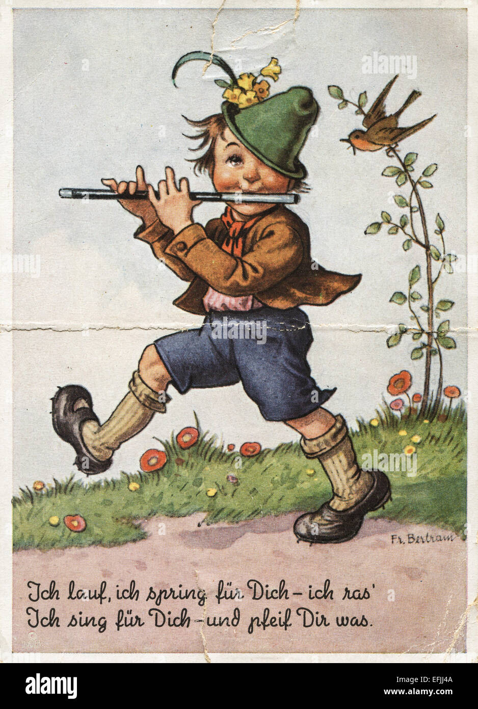 Carte Postale Retro Imprime En Allemagne Montre Garcon Jouant De La Flute Texte En Allemand Je Cours Je Saute Pour Vous Photo Stock Alamy