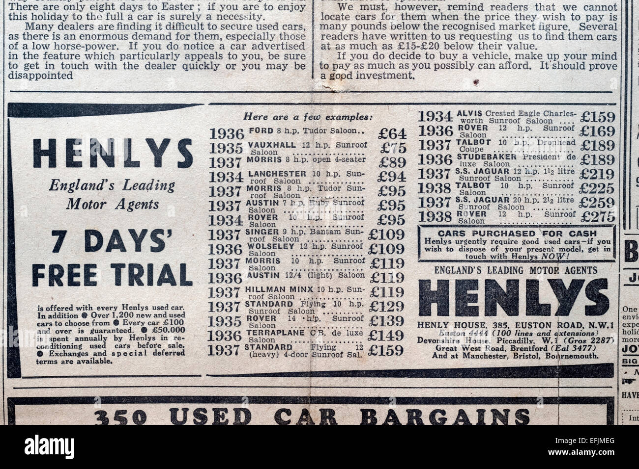 Annonce de journal coupant de la fin des années 1930 début des années 40 pour les voitures utilisées à vendre Banque D'Images