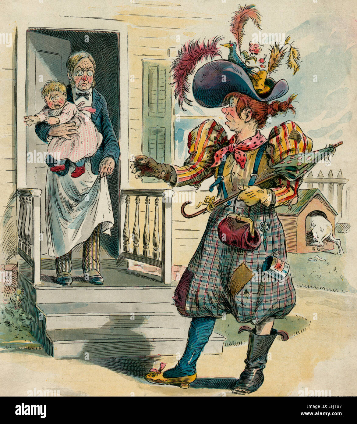 La femme à venir - mesquine habillé femme s'adressant à un homme qui porte  un tablier, tenant un bébé, et debout à la porte de sa maison ; en  arrière-plan, un chien