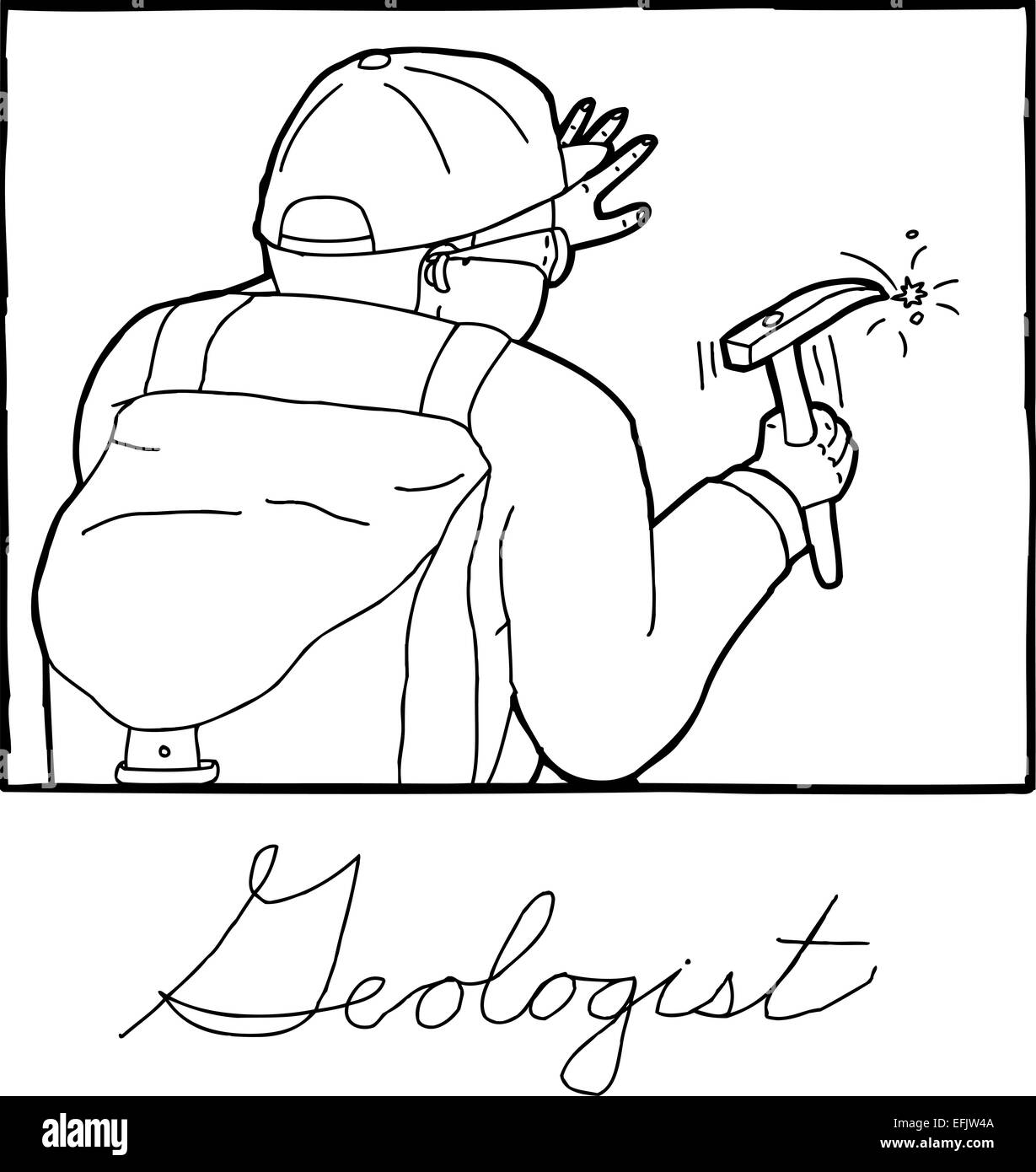 Caricature de contour avec un marteau de géologue travaillant rock Banque D'Images