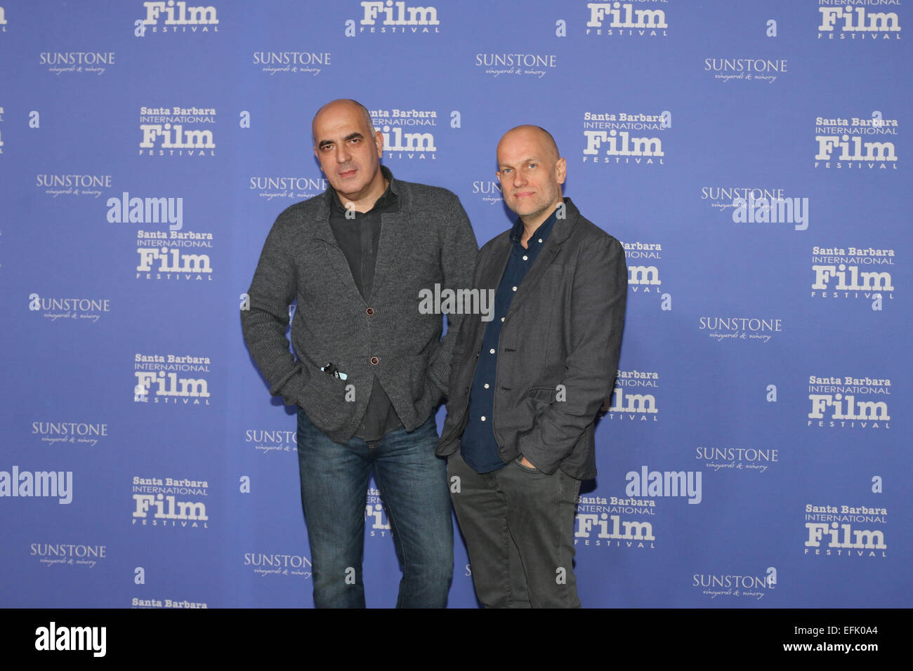 Santa Barbara, Californie, USA - 5 Février, 2015 La Mandarine : Zaza Urushadze (directeur) et Ivo ressenti (producteur) à pied le tapis rouge au Santa Barbara International Film Festival. Banque D'Images