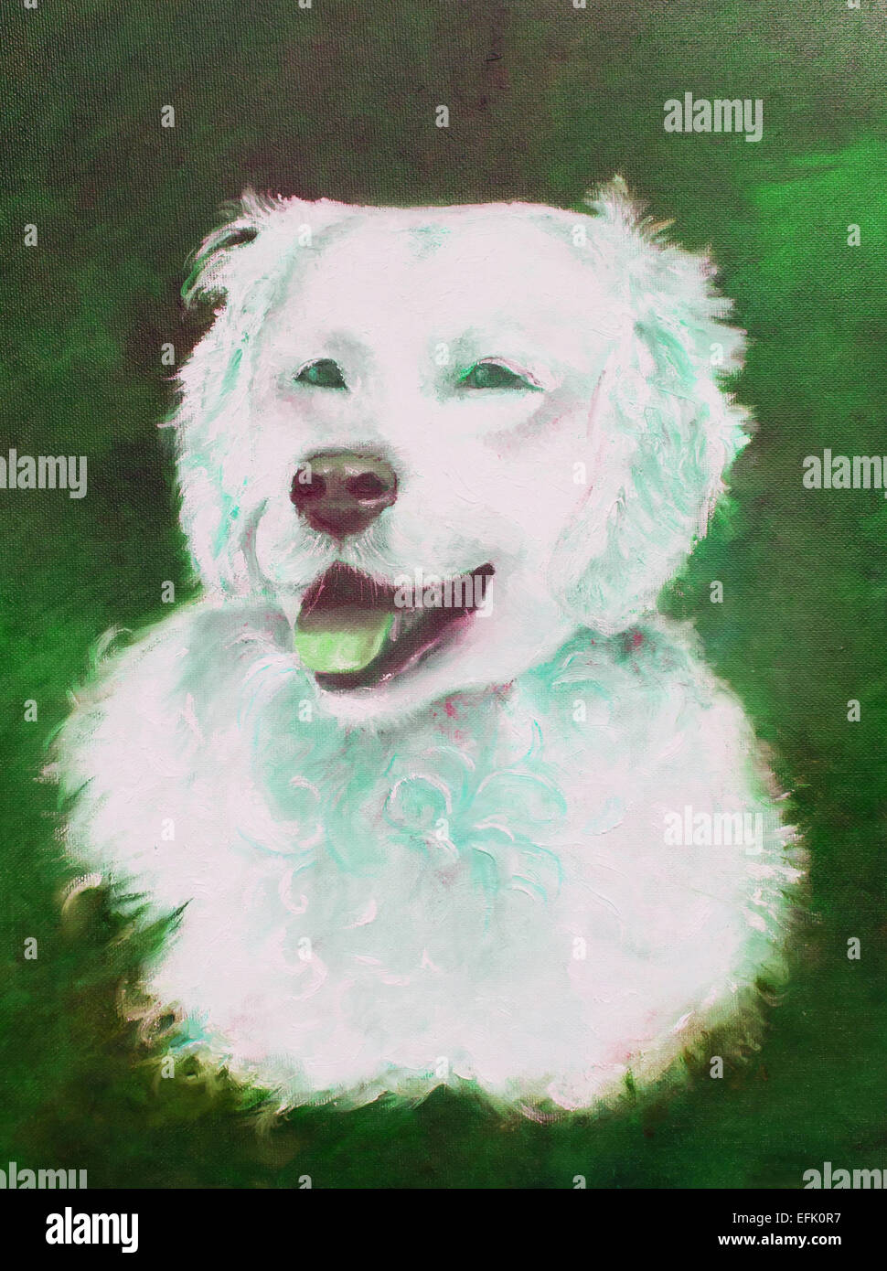 Peinture d'un chien blanc sur fond vert. Banque D'Images