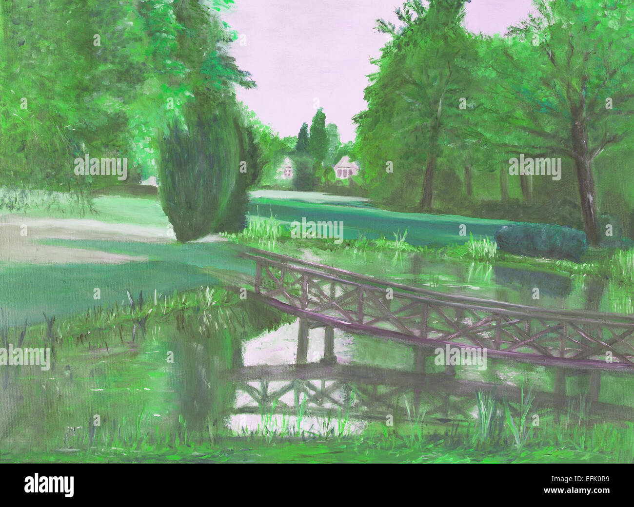 Peinture à l'huile - forêt d'automne avec un étang et pont sur l'étang, vert Banque D'Images