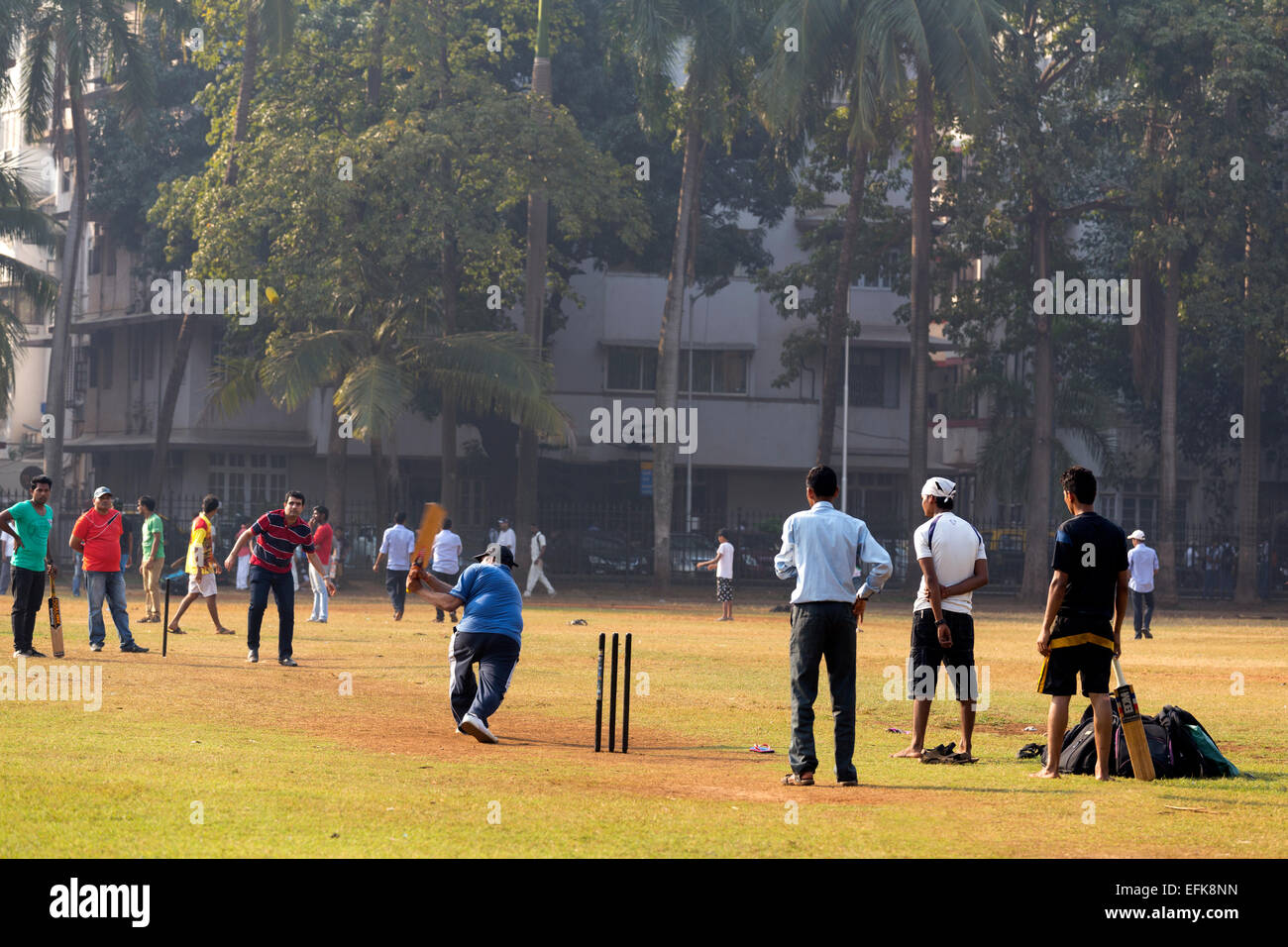 L'Inde, Mumbai, Maharashtra, district de Colaba, ovale et les hommes de Maidan à jouer au cricket Banque D'Images