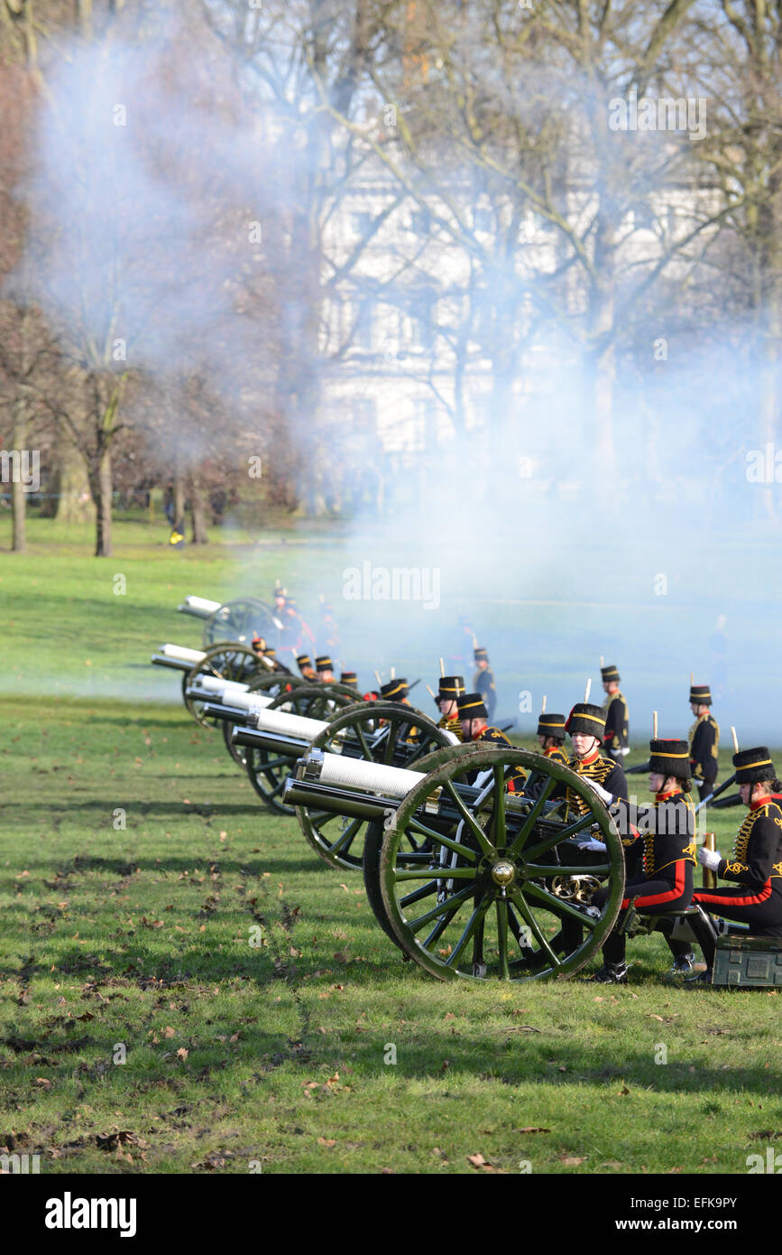 Green Park, London, UK. 6e février 2015. Une salve de 41 a lieu dans Green Park par les troupes du roi Royal Horse Artillery pour marquer l'accession de la reine Elizabeth Day en 1952. Crédit : Matthieu Chattle/Alamy Live News Banque D'Images