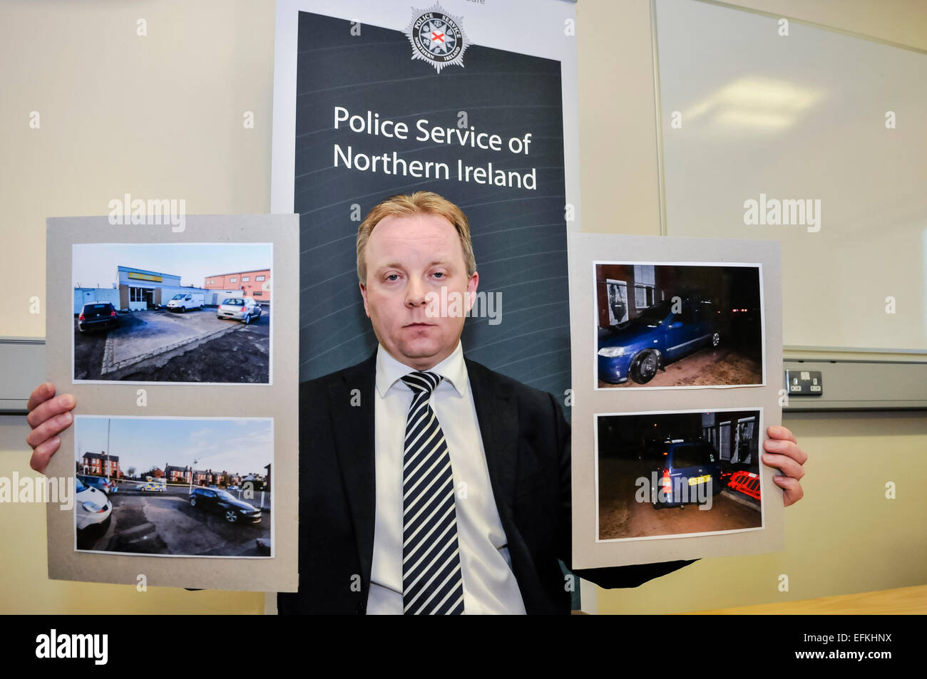 Belfast, Irlande du Nord. 06 févr. 2015 - Le détective Inspecteur en chef Gary Reid du PSNI tient une conférence de presse concernant la tentative de meurtre d'un vieux de 52 ans, Harry McMahon le vendredi 30 janvier 2015. M. McMahon a reçu une balle dans la tête et gravement blessé à l'intérieur de la joie le roi chinois à emporter sur la route Oldpark Belfast en Amérique du Nord à environ 17h40 le vendredi 30 janvier 2015. Crédit : Stephen Barnes/Alamy Live News Banque D'Images Belfast, Irlande du Nord. 06 févr. 2015 - Le détective Inspecteur en chef Gary Reid du PSNI tient une conférence de presse concernant la tentative de meurtre d'un vieux de 52 ans, Harry McMahon le vendredi 30 janvier 2015. M. McMahon a reçu une balle dans la tête et gravement blessé à l'intérieur de la joie le roi chinois à emporter sur la route Oldpark Belfast en Amérique du Nord à environ 17h40 le vendredi 30 janvier 2015. Crédit : Stephen Barnes/Alamy Live News Banque D'Images