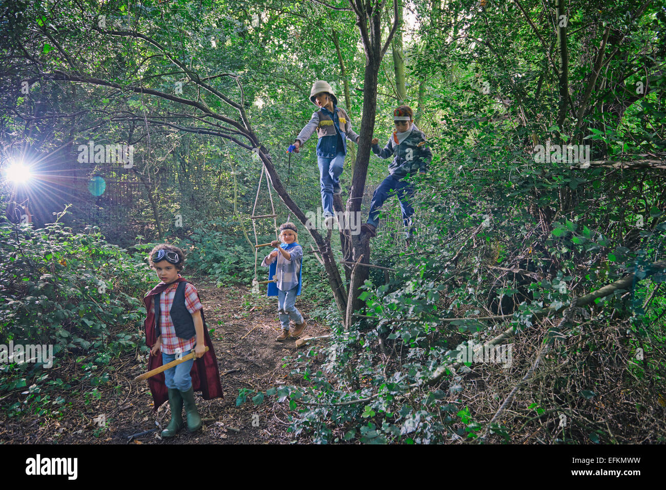 Quatre garçons habillés et jouer dans les arbres des forêts Banque D'Images