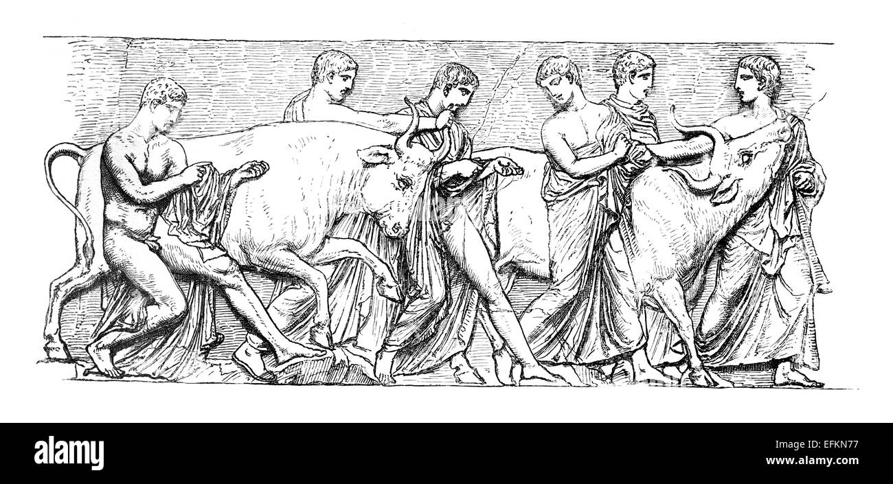 La gravure de l'époque victorienne d'afrieze représentant un sacrifice religieux de la Grèce antique. Image restaurée numériquement à partir d'un milieu du xixe siècle Banque D'Images