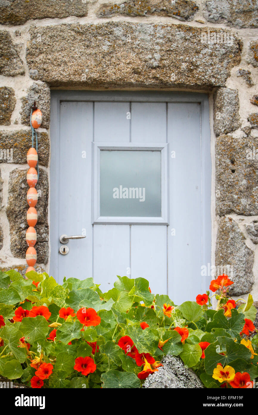 Fleurs de capucines à l'avant porte de maison en pierre, Penzance, Cornwall, uk Banque D'Images