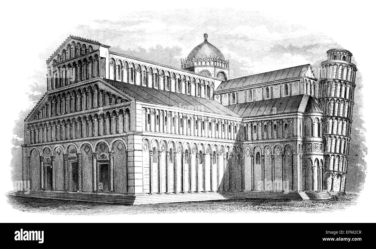 Gravure du xixe siècle de l'église et la Tour Penchée de Pise à Pise, Italie Banque D'Images