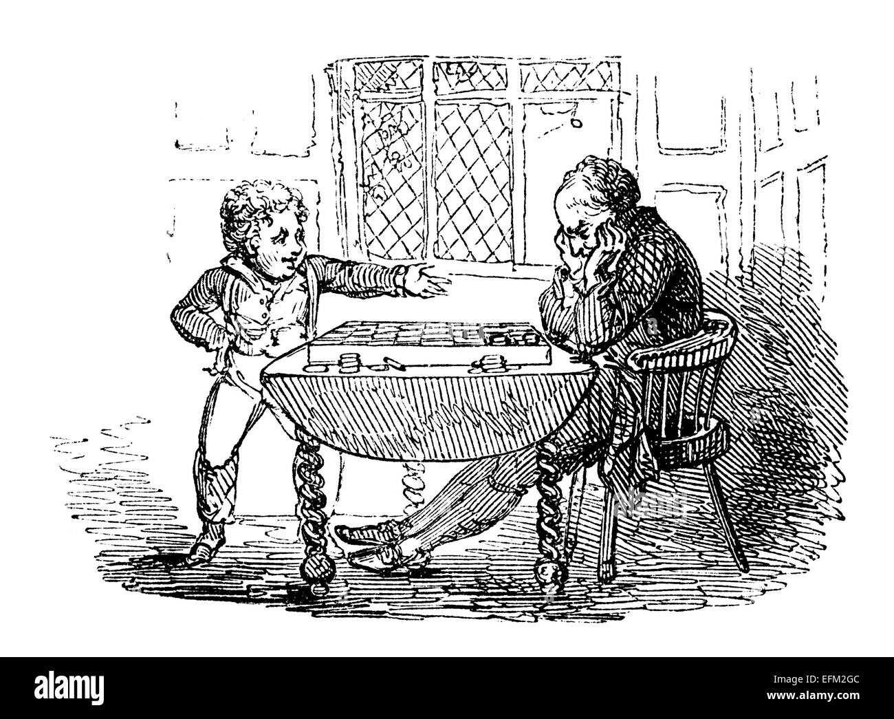 Gravure du xixe siècle d'un homme et garçon jouant un jeu de dames Banque D'Images