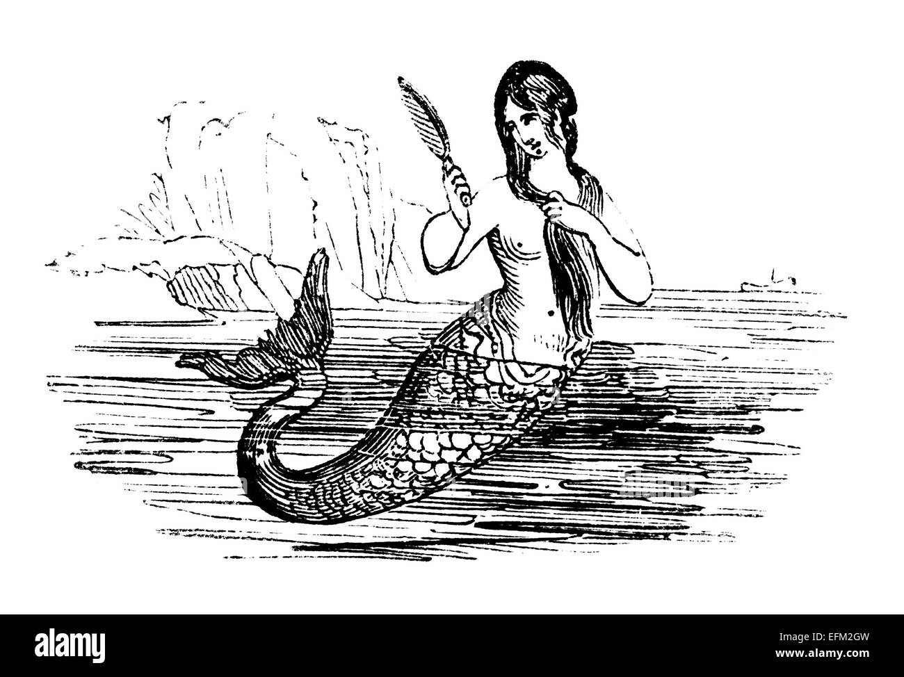 Gravure du xixe siècle d'une sirène dans la mer Banque D'Images