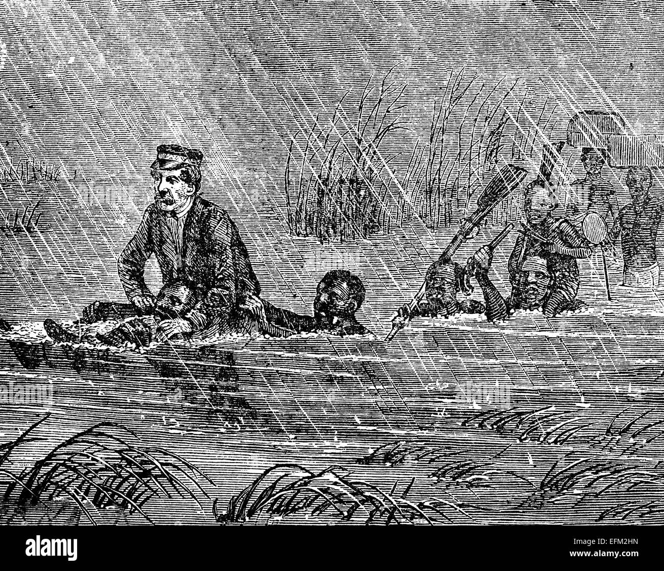 19ème siècle gravure de personnes traversant à pied l'eau en Afrique Banque D'Images
