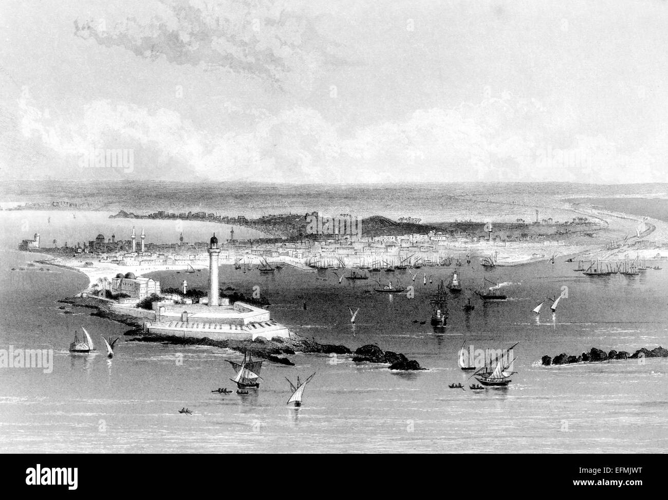 Gravure du xixe siècle de la côte et le phare d'Alexandrie, Egypte Banque D'Images