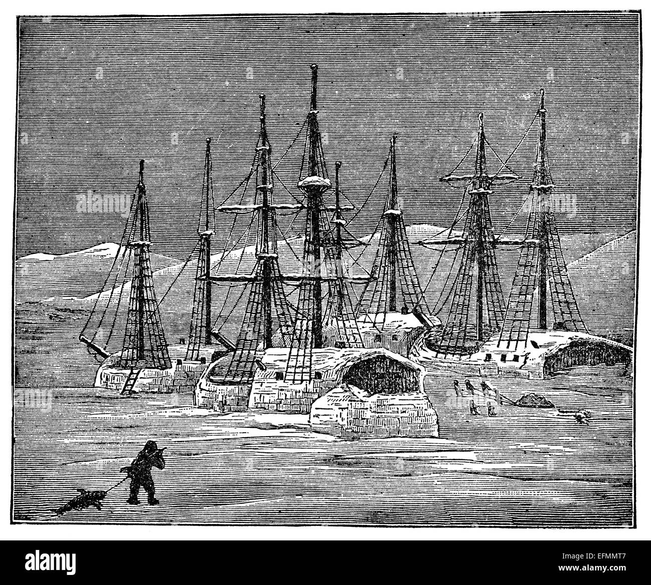 Gravure du xixe siècle d'un hiver arctique avec des navires pris dans la glace Banque D'Images
