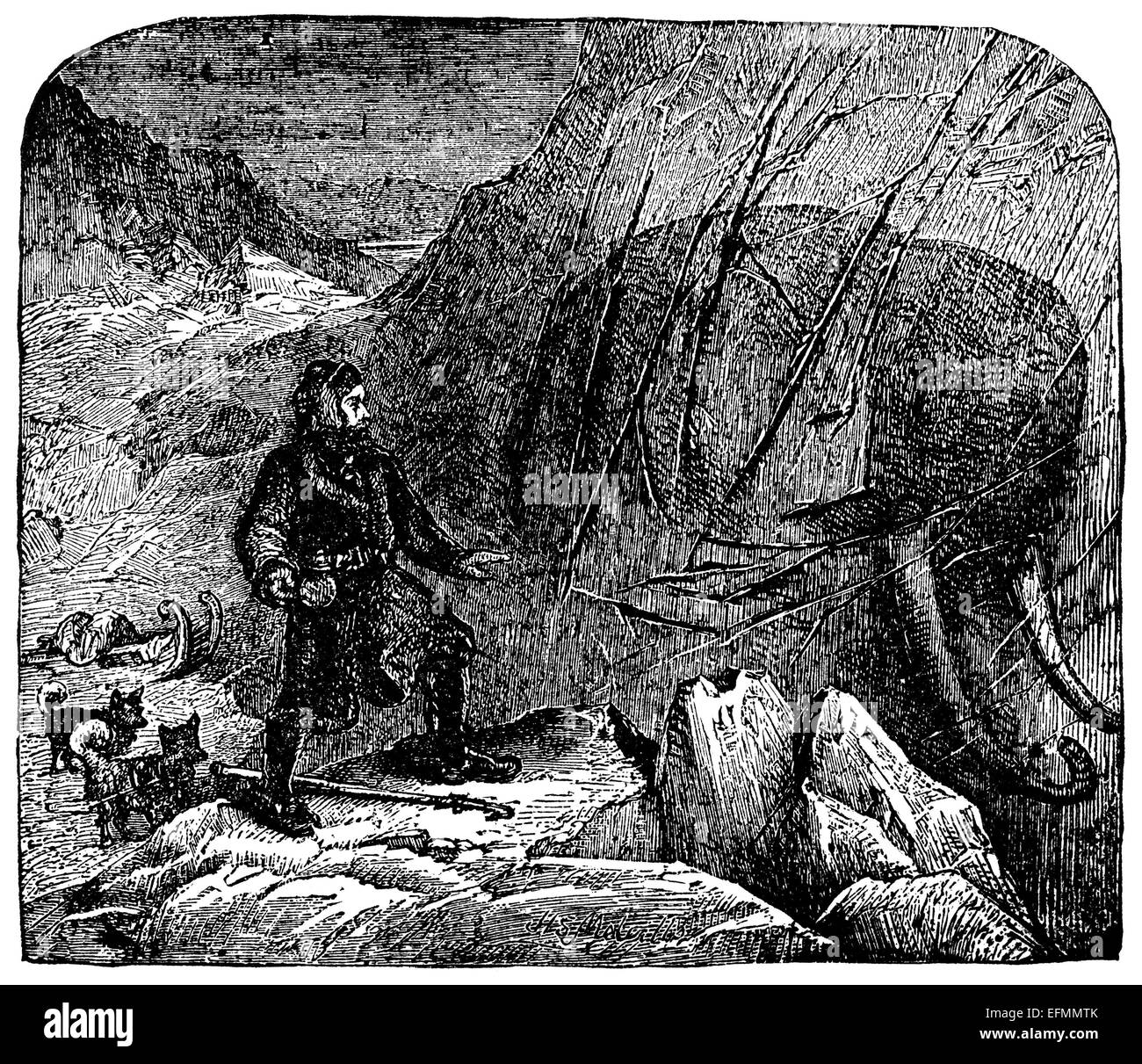 Gravure du xixe siècle des explorateurs trouver un mammouth congelé dans les glaces de l'Arctique Banque D'Images