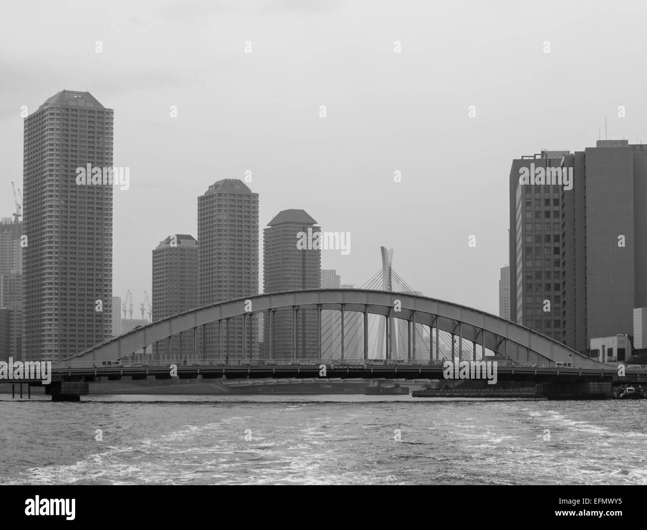 Photo noir et blanc de marges de la rivière Sumida avec vacances tower et crossing bridge Banque D'Images