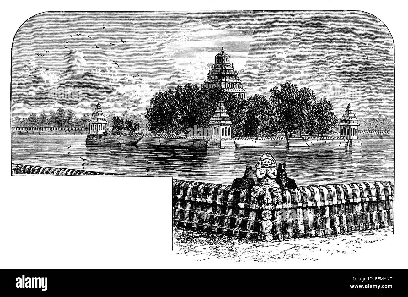La gravure de l'époque victorienne d'un temple de l'île, Madurai, Inde Banque D'Images