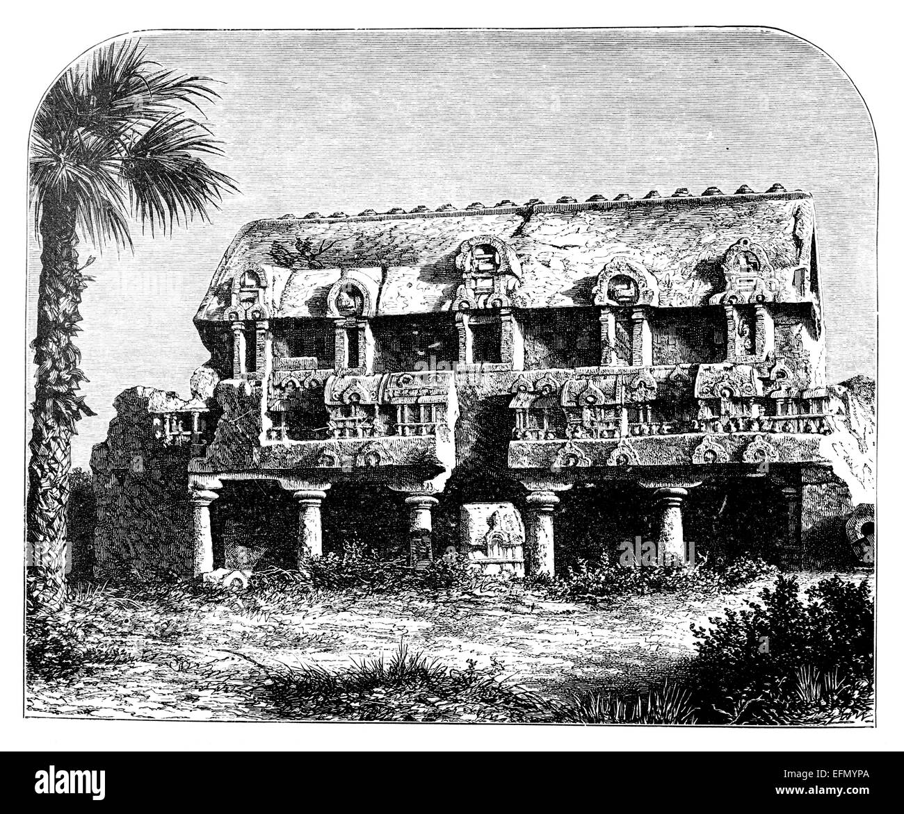 La gravure de l'époque victorienne d'un temple de Mahabalipuram, Inde Banque D'Images