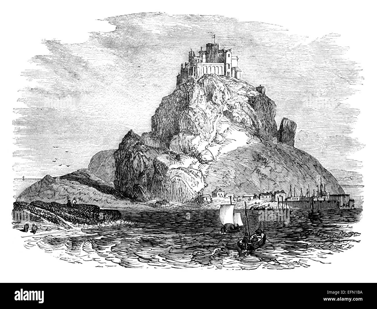 Gravure du xixe siècle Saint Michael's Mount, Cornwall, United Kingdom Banque D'Images